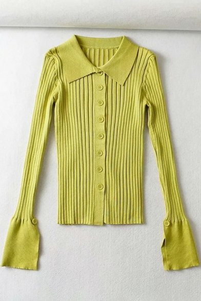 Modern Ladies Sweater Solid Lapel Collar Button Down Long Flared Sleeve Cardigan