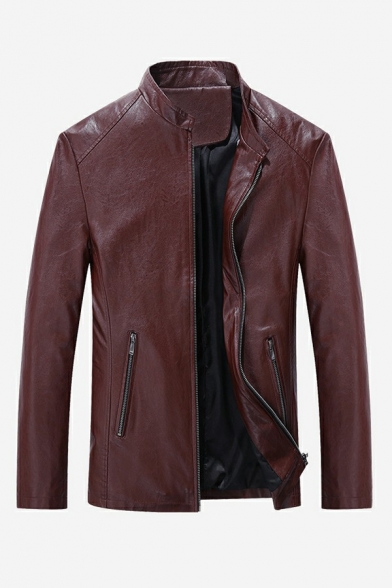 Modern Plain Mens Jacket Stand Collar Pocket Detail Zip Closure Fitted Leather Jacket