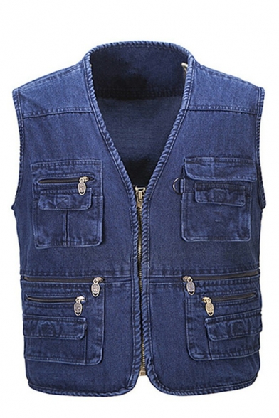 Popular Mens Denim Vest V-neck Pure Color Pocket Detail Zip Closure Regular Fit Denim Vest in Blue