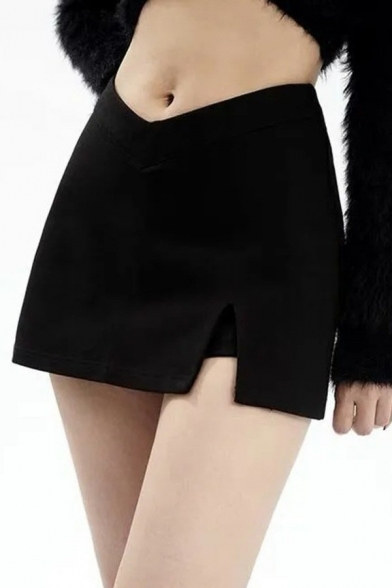Sexy Ladies Mini Skirt Pure Color Split Decoration Slim Fit A-Line Skirt