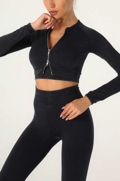 Sexy Womens Yoga Jacket Pure Color Zipper Up Crew Neck Long Sleeve Slim Fit Cropped Jacket