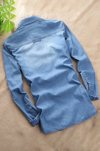 Simple Jacket Plain Button Closure Pocket Detail Wash Effect Turn-down Collar Denim Jacket for Men
