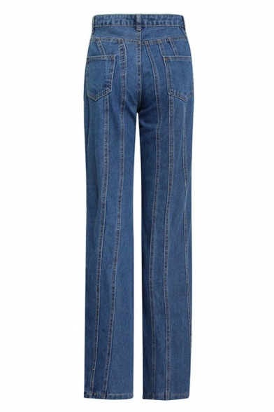 Unique Ladies Jeans Midwash Blue Asymmetric Zip Mid Rise On-Seam Bootcut Denim Pants