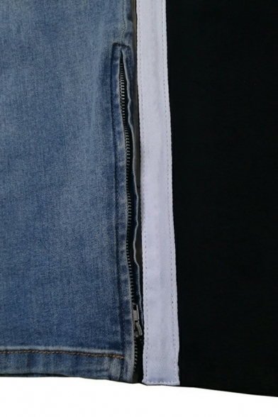 Vintage Mens Jeans Medium Wash Stripe Print Button Placket Pocket Detail Distressed Design Jeans