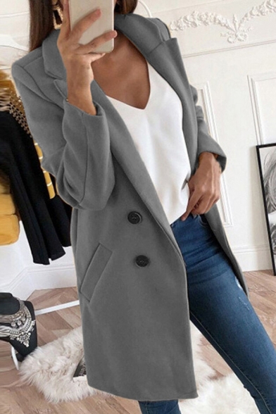 Basic Ladies Trench Coat Plain Notched Lapel Collar Double Breasted Regular Fit Trench Coat