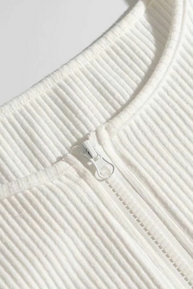Casual Ladies Sweater Plain Round Crew Zip Fly Asymmetric Hem Long Sleeve Cardigan