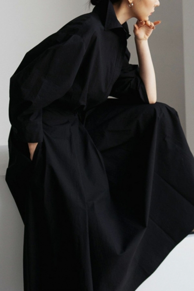 Elegant Womens Dress Plain Turn-Down Collar 3/4 Length Sleeve Belted Pleated Maxi Shirt Dress