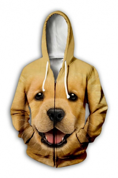 Guys Boyish Hoodie 3D Dog Pattern Drawstring Pocket Long Sleeve Fitted Zip down Hoodie