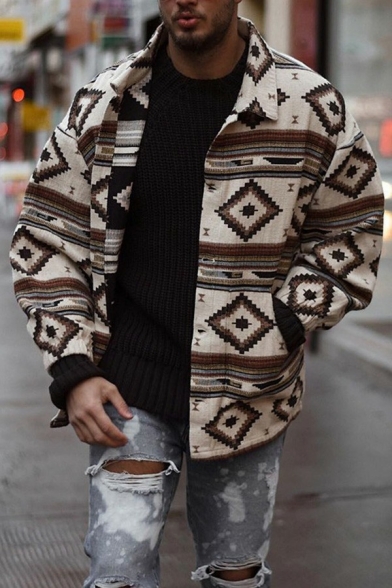 Guys Chic Jacket Tribal Pattern Spread Collar Button Front Side Pocket Baggy Jacket