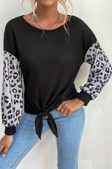 Leisure Womens T-Shirt Leopard Patchwork Round Neck Long Puff Sleeve Bow T-Shirt