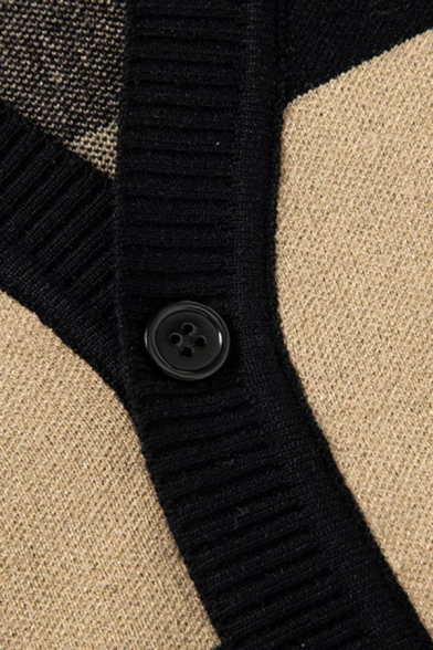 Men Boyish Cardigan Contrast Color V-Neck Ribbed Trim Regular Button Front Cardigan