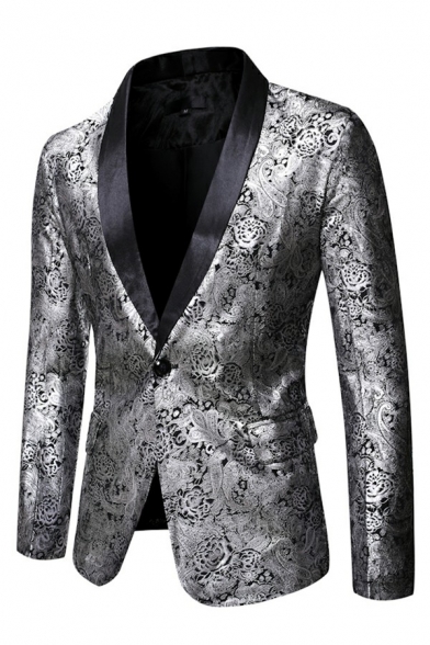 Men Hot Blazer Jacquard Print Pocket Long Sleeve Slim Lapel Collar Single Button Blazer