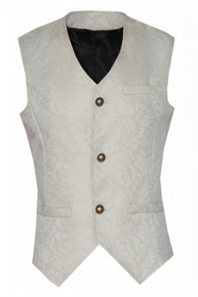 Men Novelty Vest Jacquard Print Button Closure Slimming V-Neck Front Pocket Vest