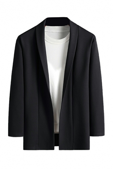 Men's Casual Suit Blazer Plain Long-Sleeved Lapel Collar Open Front Pocket Detail Suit Blazer in Black