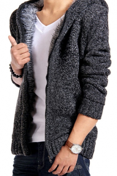 Men's Popular Fleece Knit Cardigan Long Sleeve Zip Closure Plain Fitted Knit Cardigan with Hood