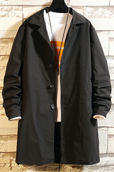 Popular Coat Plain Notched Collar Long Sleeve Pocket Loose Button Fly Trench Coat for Boys