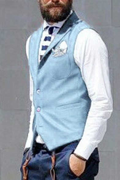 Popular Guys Suit Vest Solid Color Chest Pocket Slim Lapel Collar Button down Suit Vest