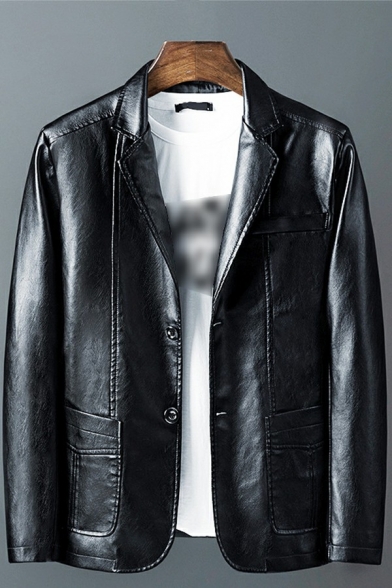 Popular Mens Leather Jacket Lapel Collar Pocket Detail Button Closure Leather Jacket