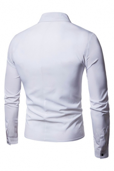 Retro Mens Shirt Plain Point Collar Slim Fit Wrap Detail Long Sleeve Double Breasted Shirt