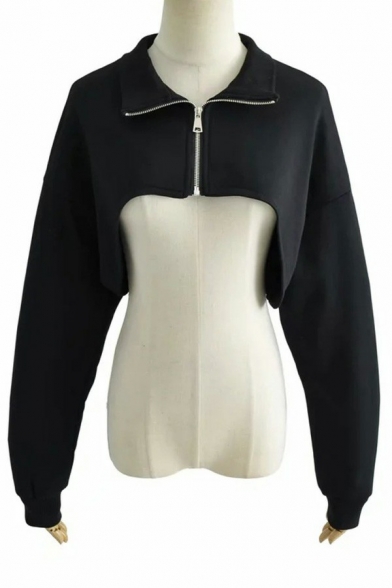 Sexy Ladies Sweatshirt Plain Collared Zip Up Long Sleeve Asymmetrical Hem Cropped Sweatshirt