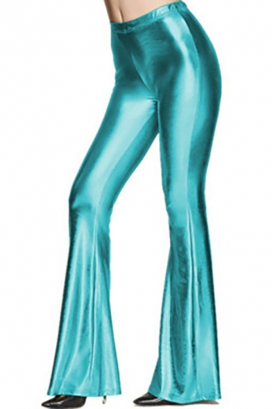 Sexy Shiny Pants Pure Color High Rise Elastic Waist Regular Fit Long Flared Pants for Women