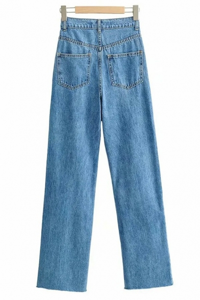 Simple Ladies Jeans Midwash Blue Zip Fly High Waist Straight Denim Pants