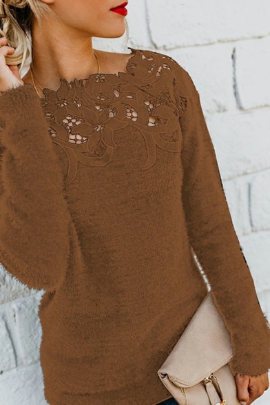 Simple Womens Sweater Solid Color Boat Neck Lace Patchwork Long Sleeve Slim Fit Pullover Sweater