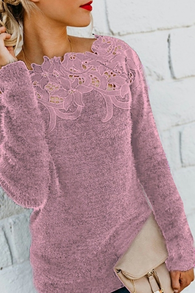 Simple Womens Sweater Solid Color Boat Neck Lace Patchwork Long Sleeve Slim Fit Pullover Sweater