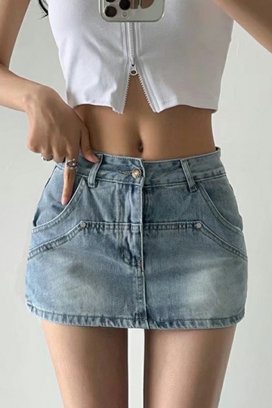Street Womens Denim Skirt Zipper Closure Faded Wash A-Line Mini Skirt