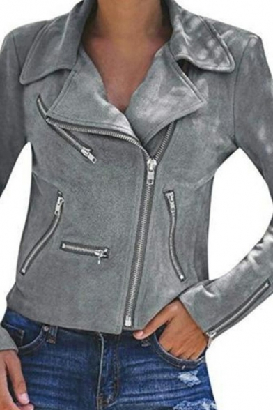 Stylish Womens Plain Jacket Notched Lapel Collar Zipper Down Slim Fit Long Sleeve Jacket