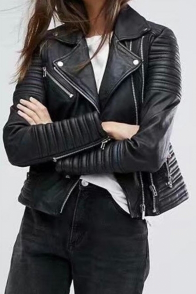 Stylish Womens PU Jacket Notched Collar Solid Color Oblique Zipper Placket Slim Fit Leather Jacket in Black