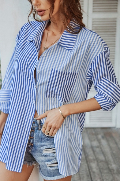 Trendy Womens Shirt Stripe Print Spread Collar Button Closure Long Sleeve Regular Fit Shirt