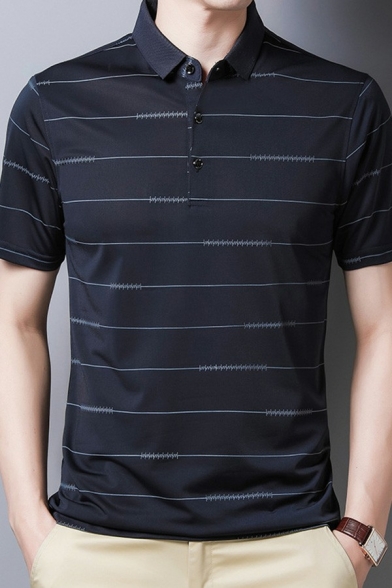 Vintage Men's Polo Shirt Stripe Printed Short Sleeves Regular Button Polo Shirt
