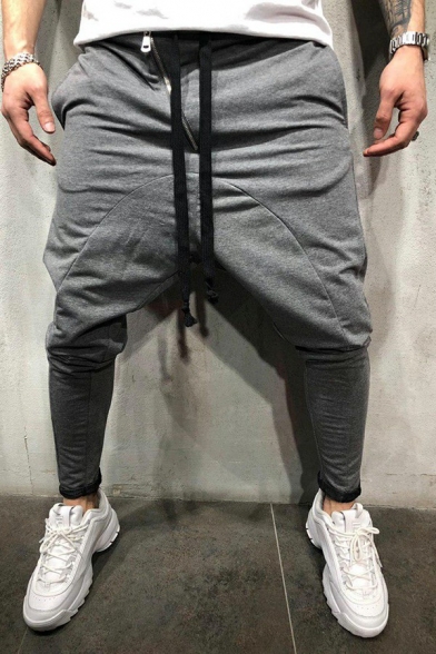 Vintage Mens Drawstring Pants Plain Mid Rise Skinny Fit Pants with Pocket