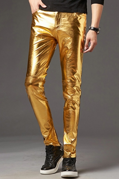 Vintage Mens Pants Plain PU Leather Pocket Detail Mid Rise Full Length Skinny Fit Pants
