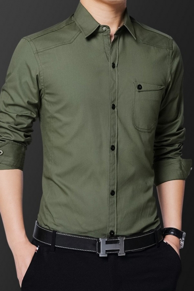 Vintage Shirt Solid Turn-down Collar Slim Chest Pocket Long Sleeve Button Shirt for Guys