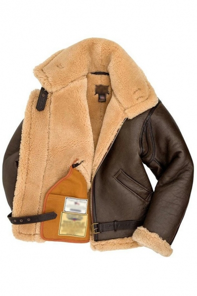 Warm Jacket Plain Belt Zip Closure Front Pocket Spread Collar Leather Fur Jacket for Guys