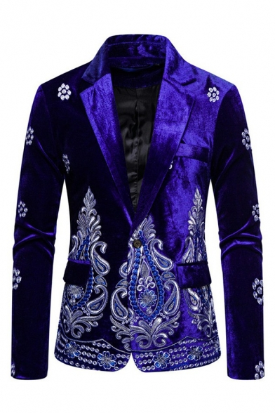 Basic Blazer Floral Print Slim Lapel Collar Single Button Corduroy Suit Blazer for Men