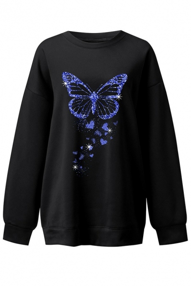 Casual Womens Sweatshirt Butterfly Print Crew Neck Long Sleeve Sweatshirt