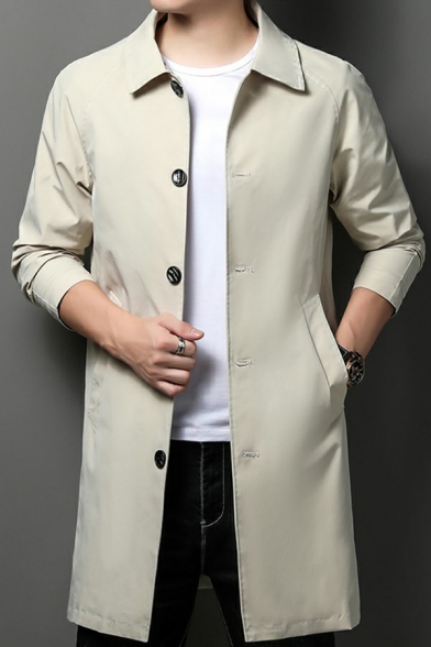 Dashing Guy's Coat Pure Color Turn-down Collar Long Sleeve Regular Button down Trench Coat