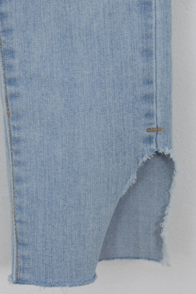 Elegant Ladies Jeans Lightwash Blue Zip Closure High Waist Split Hem Skinny Ankle Grazers