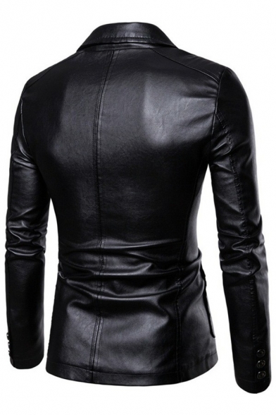 Guys Basic Leather Jacket Solid Notched Collar Side Pocket Button Placket Leather Jacket