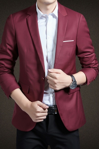 Guys Simple Suit Pure Color Pocket One Button Lapel Collar Regular Suit