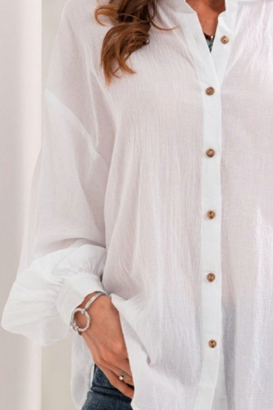 Leisure Solid Color Shirt Button Up Cotton and Linen Puff Sleeve Loose Fit Shirt for Women