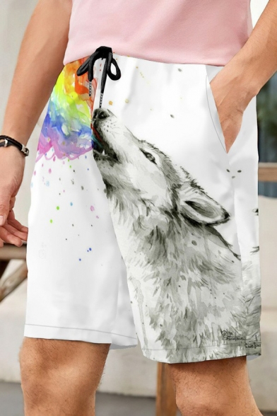 Men Casual Shorts Wolf Print Drawstring Waist Pocket Detail Mid Rise Regular Fit Shorts in White