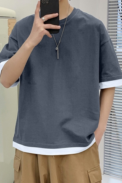 Men's Comfortable T-Shirt Fake Two Piece Color Block Half Sleeve Round Neck Loose Fit T-Shirt
