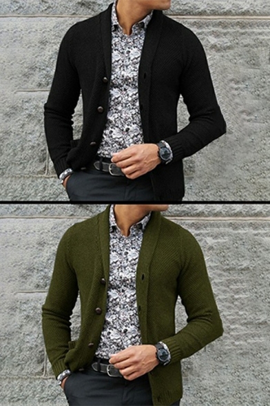 Mens Casual Knit Cardigan Long Sleeve Shawl Collar Button Closure Plain Fitted Knit Cardigan
