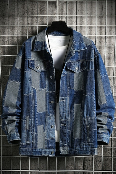 Mens Edgy Jacket Contrast Sitching Patched Long Sleeves Spread Collar Relaxed Denim Jacket