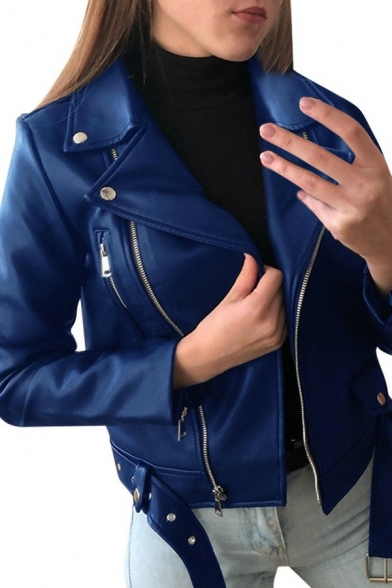 Modern Ladies PU Jacket Solid Color Notched Lapel Collar Zipper Closure Slim PU Jacket with Zipper