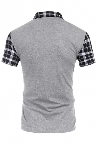 Smart Men's Polo Shirt Plaid Pattern Raglan Short Sleeve Zip Slim Fit Polo Shirt
